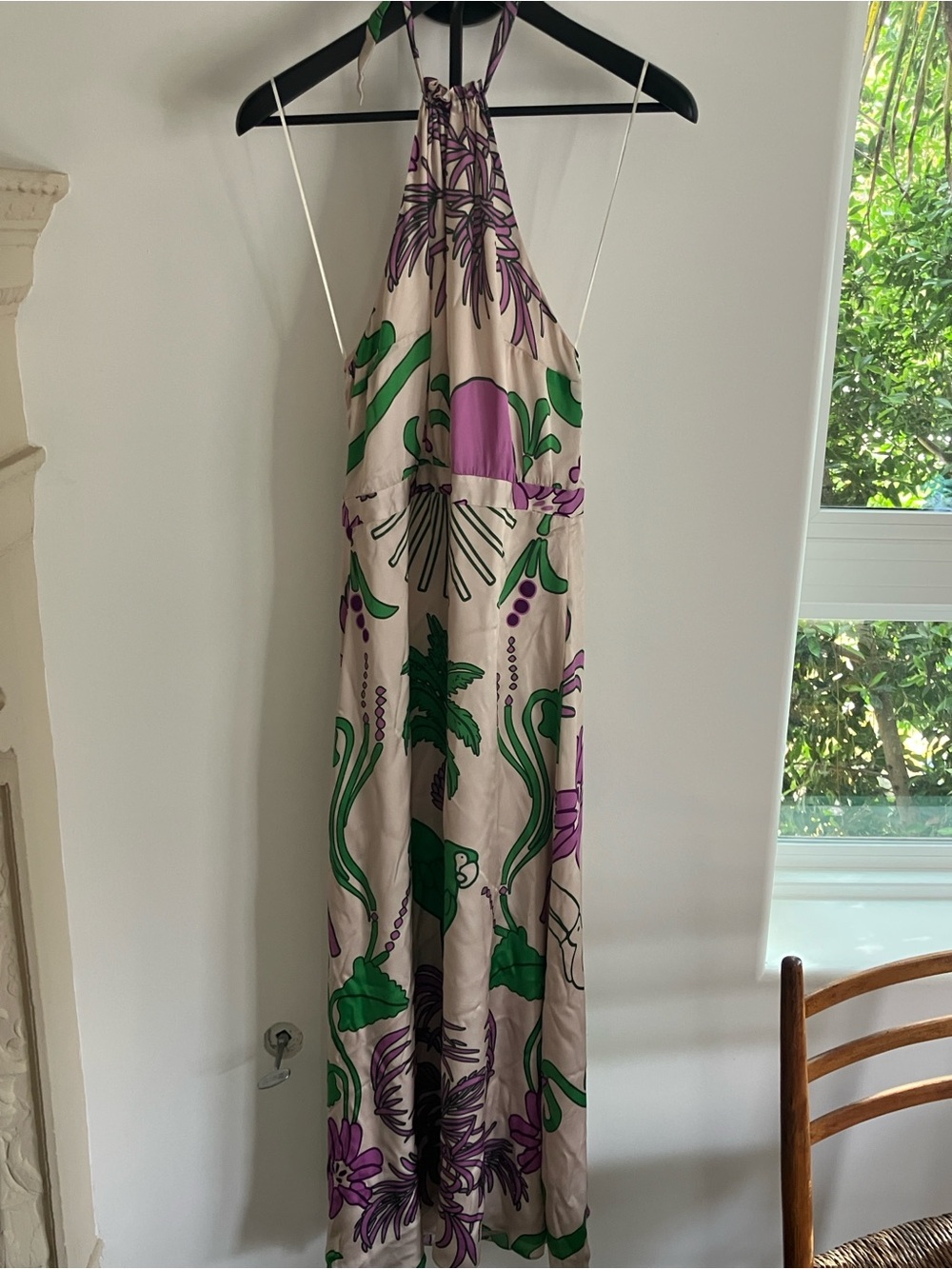 Cream Halter Maxi Dress with Green & Purple Floral Print
